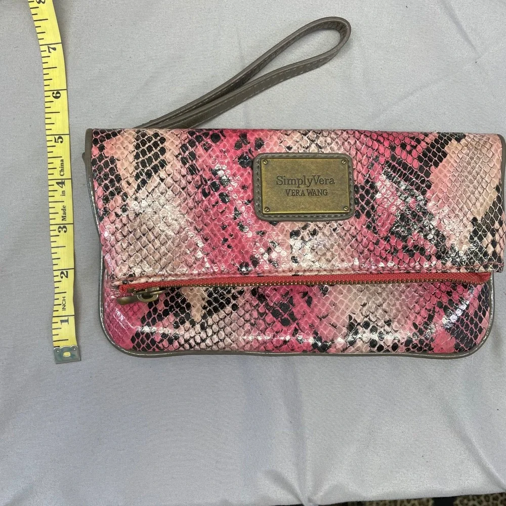 Simply Vera Vera Wang Pink Snakeskin Foldover Wristlet Clutch Bag Brass Hardware